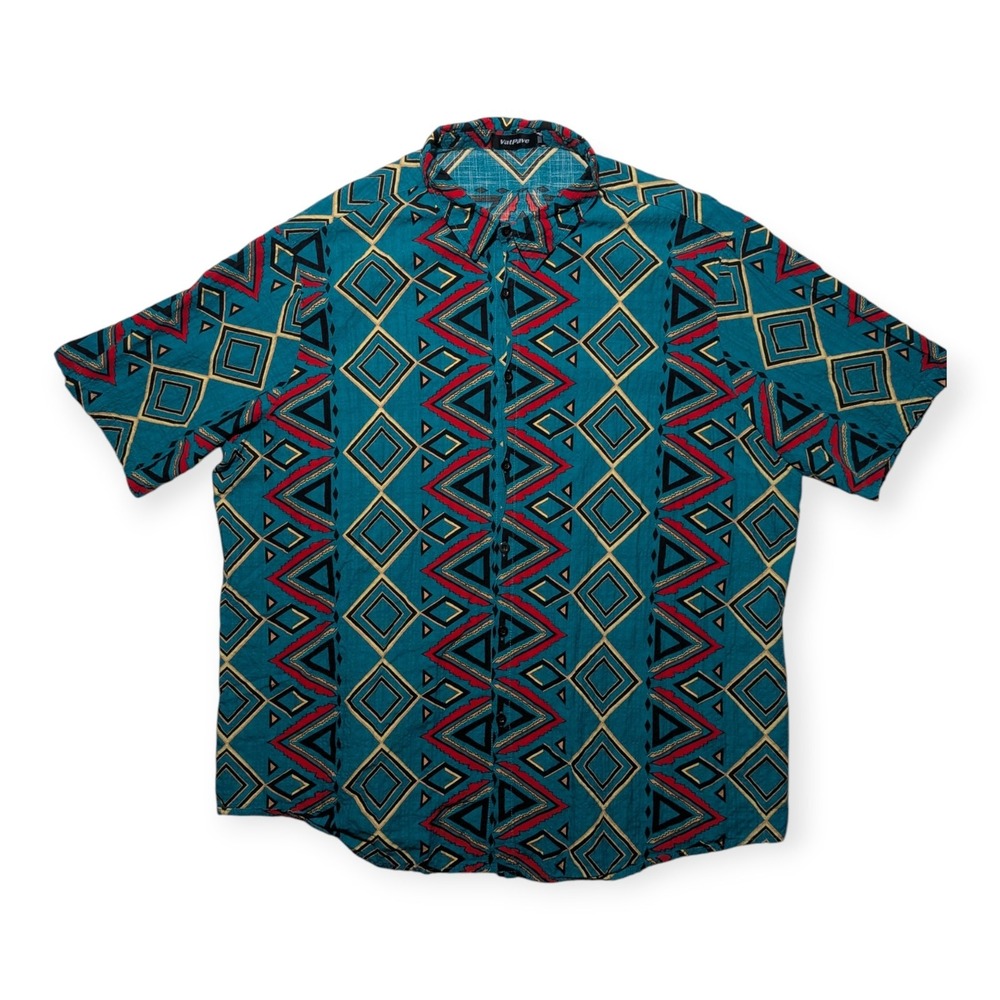 Vintage Geometric Tribal Print Short Sleeve‎ Button Up Shirt Teal Oversized XXL